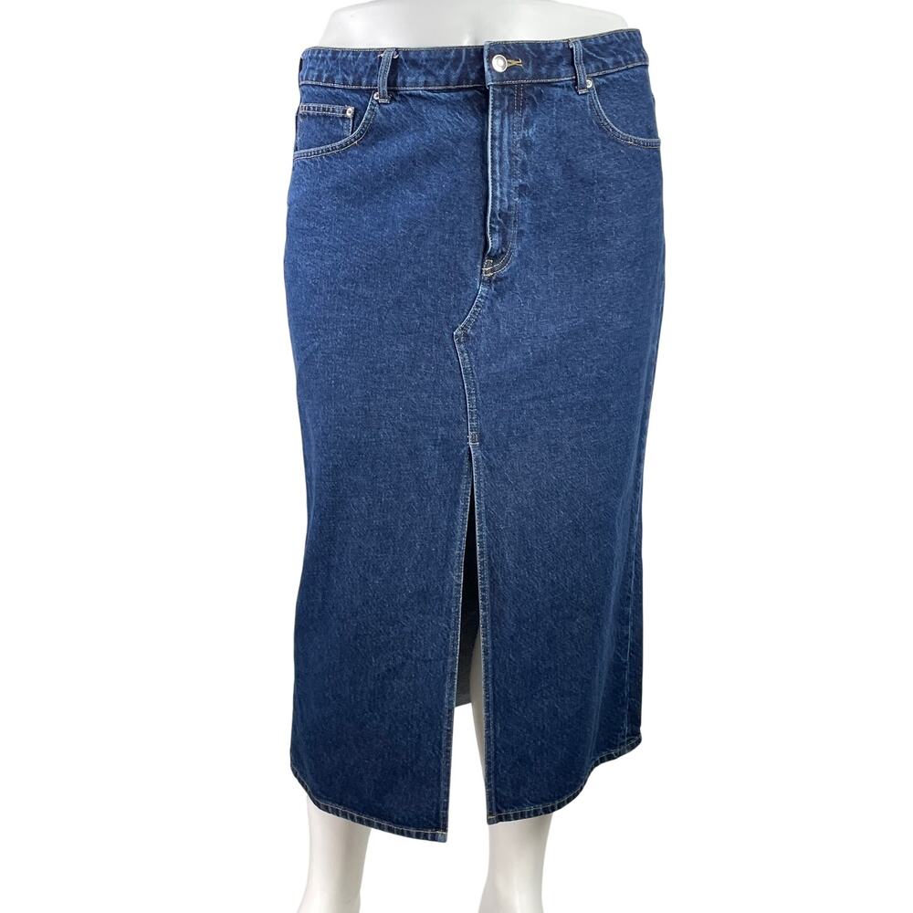 H&M Women's Blue High Waisted Front Slit Straight Midi Denim Jeans Skirt Size 18
